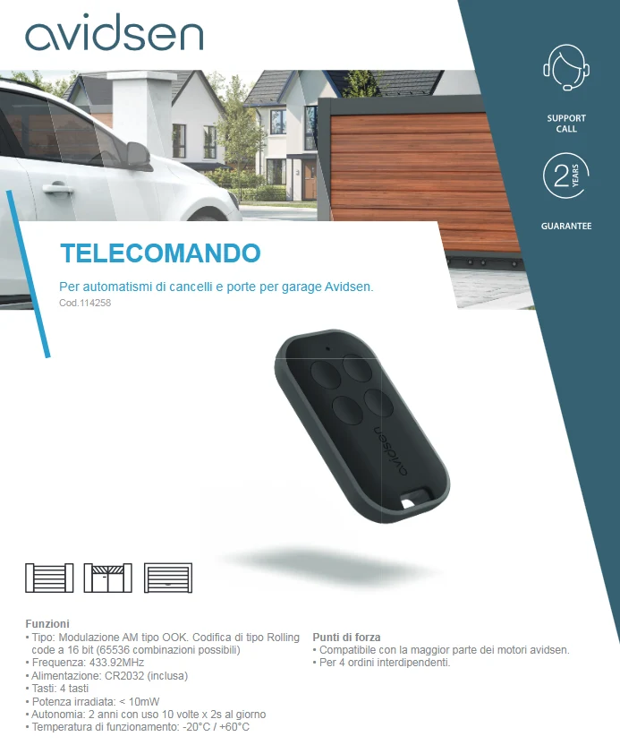 AVIDSEN - Telecomando 4 Tasti Rolling Code 114258 per Automazioni Cancelli e Garage | 433,92 MHz