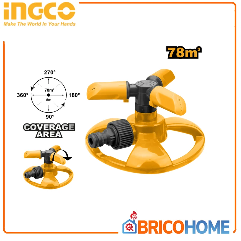 INGCO - Irrigatore da Giardino 3 Bracci Rotante 360° HPS23602 | ABS+PP | Attacco 3/4" | 16,5x14x8cm
