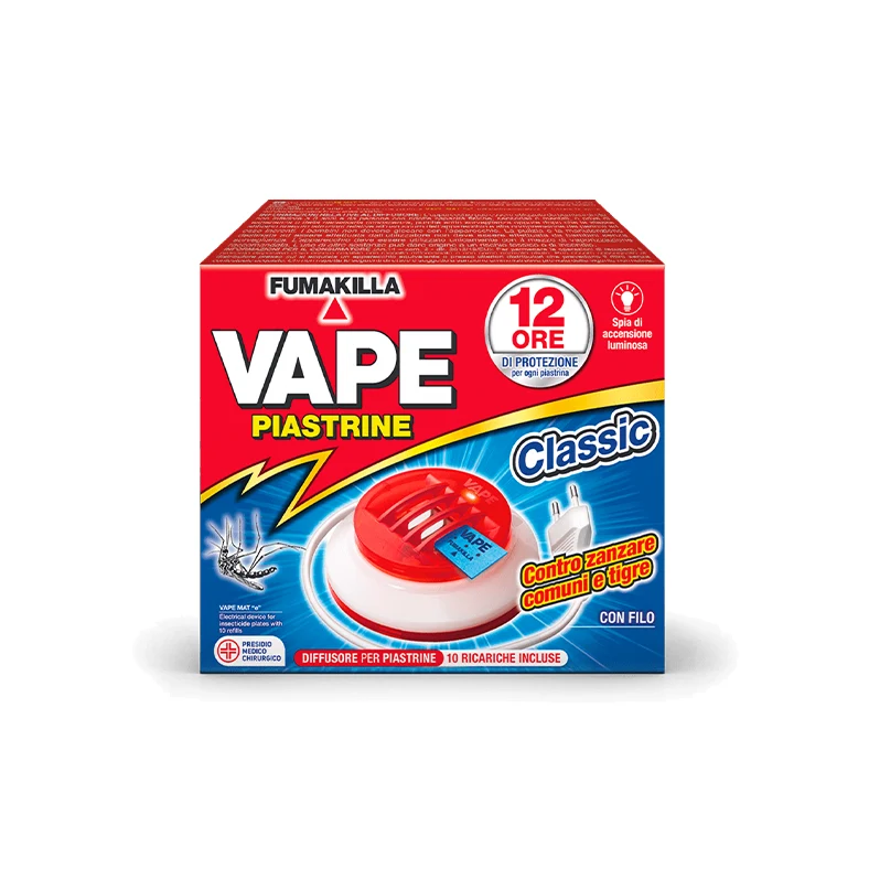 VAPE - Diffusore Elettrico per Piastrine con Filo + 10 Piastrine Classic | 12h | Zanzare Comuni e Tigre