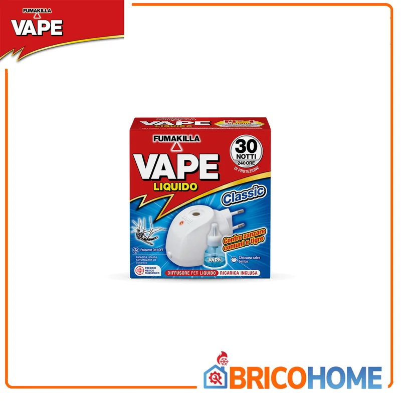 VAPE - Diffusore Liquido Antizanzare + Ricarica Classic GA20278 | 30 Notti 8h | Pralletrina | PMC 20905 | Culex + Aedes albopictus