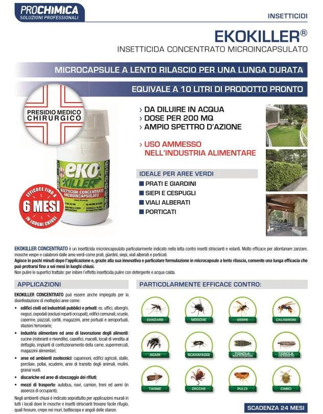 PROCHIMICA - EKOKILLER Insetticida Concentrato Microincapsulato 250ml | Lento Rilascio | 6 Mesi Efficacia | Insetti Striscianti e Volanti