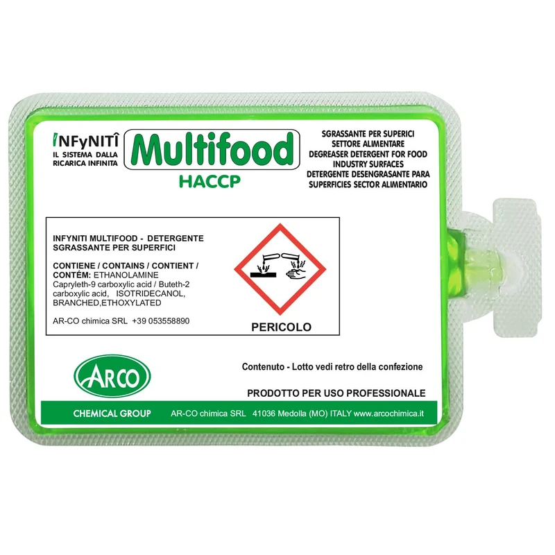 Detergente sgrassante per cucina in monodose superconcentrata Arco Chimica Infyniti Multifood confezione 60 monodosi da 100 ml DISPONIBILE IN 10 GIORNI LAVORATIVI