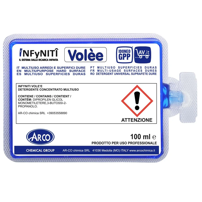 Pulitore multiuso autoasciugante in monodose superconcentrata Arco Chimica Infyniti Volée confezione 60 monodosi da 100 ml DISPONIBILE IN 10 GIORNI LAVORATIVI