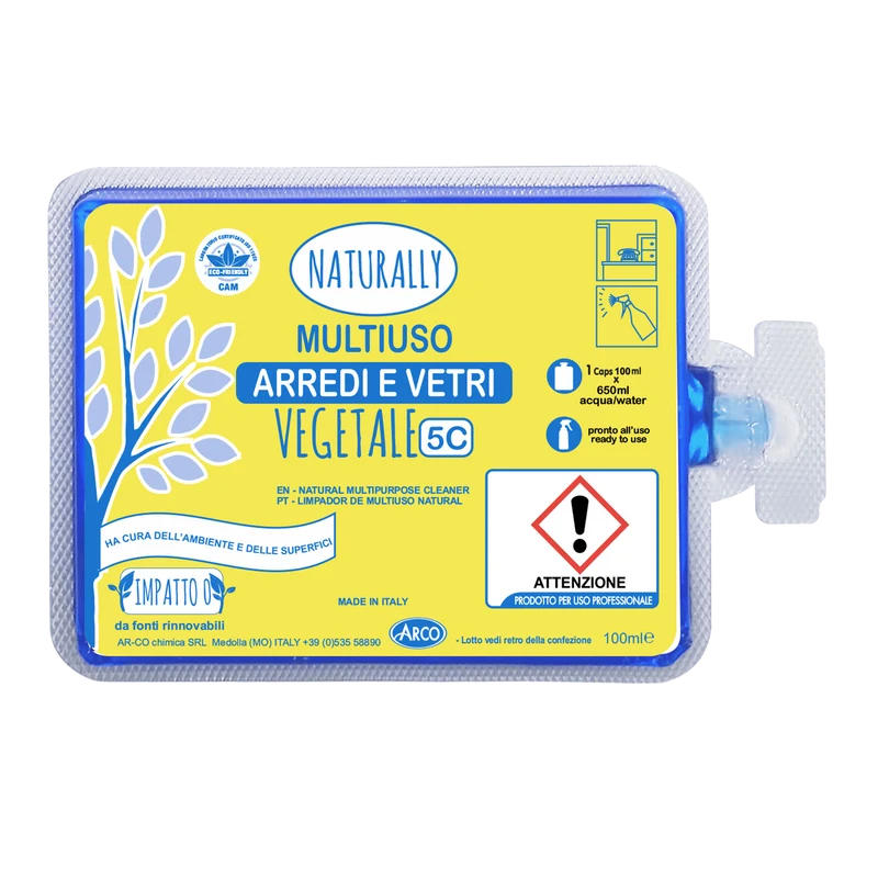 Detergente multiuso vegetale concentrato per arredi e vetri in monodose Arco Chimica Naturally Arredi e Vetri confezione 60 monodosi da 100 ml DISPONIBILE IN 10 GIORNI LAVORATIVI