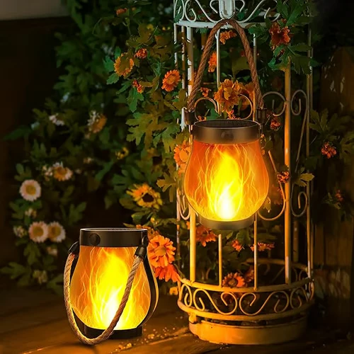 Outdoor Solar Lantern with Flickering Flame Effect and Jute Rope Handle