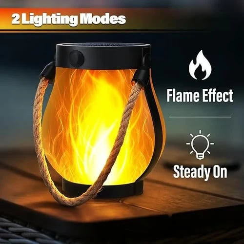 Outdoor Solar Lantern with Flickering Flame Effect and Jute Rope Handle