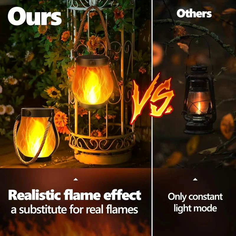 Outdoor Solar Lantern with Flickering Flame Effect and Jute Rope Handle