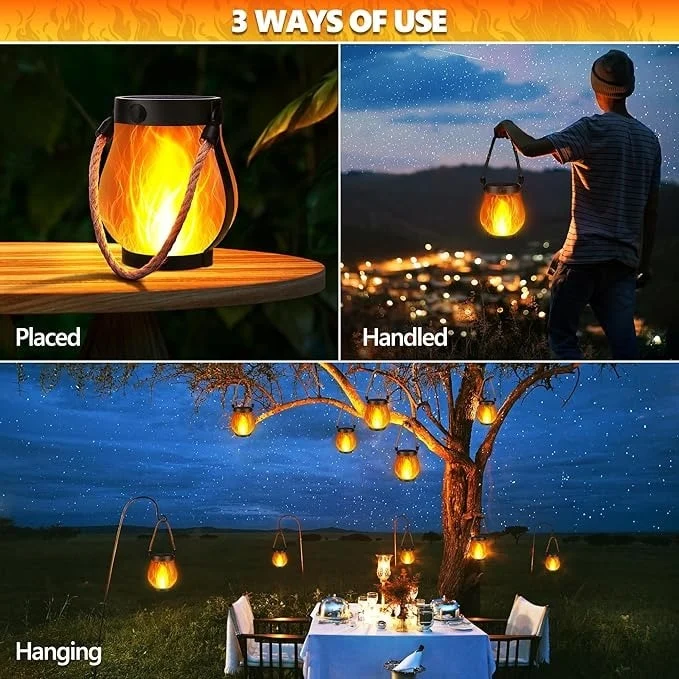Outdoor Solar Lantern with Flickering Flame Effect and Jute Rope Handle