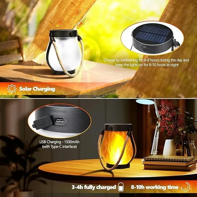 Outdoor Solar Lantern with Flickering Flame Effect and Jute Rope Handle