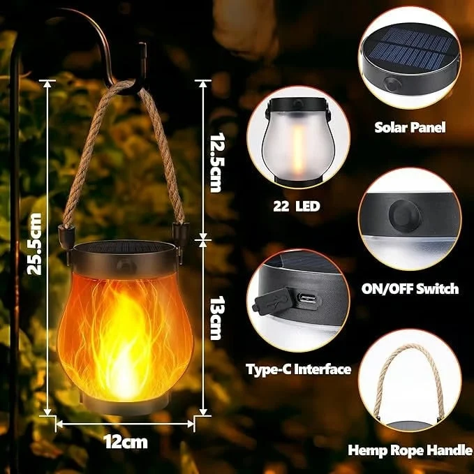 Outdoor Solar Lantern with Flickering Flame Effect and Jute Rope Handle