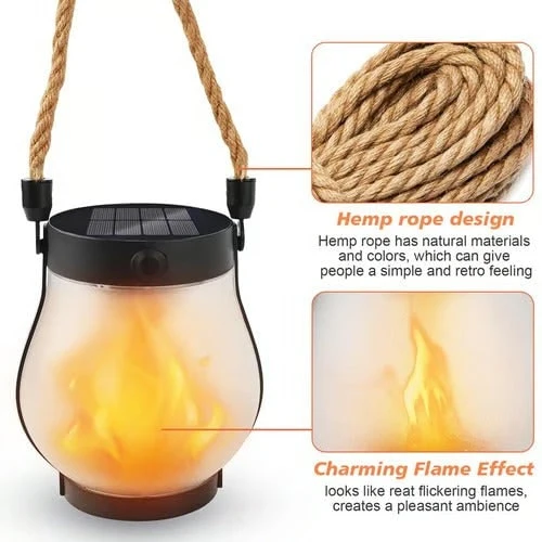 Outdoor Solar Lantern with Flickering Flame Effect and Jute Rope Handle