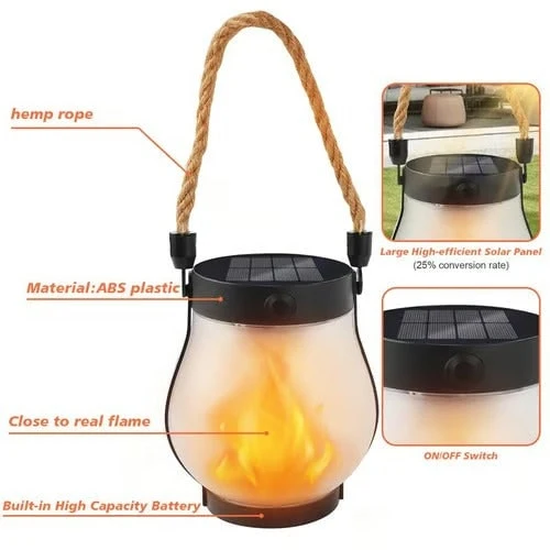 Outdoor Solar Lantern with Flickering Flame Effect and Jute Rope Handle