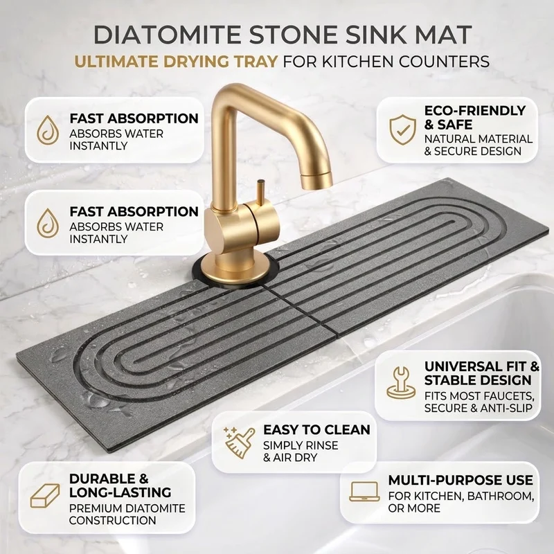 Faucet Splash Guard for Kitchen Sink with Absorbent Diatomaceous Earth Stone Mat