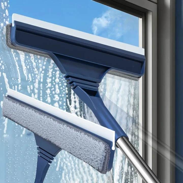 Window Squeegee with Microfiber Scrubber and Telescopic Stainless Steel Handle