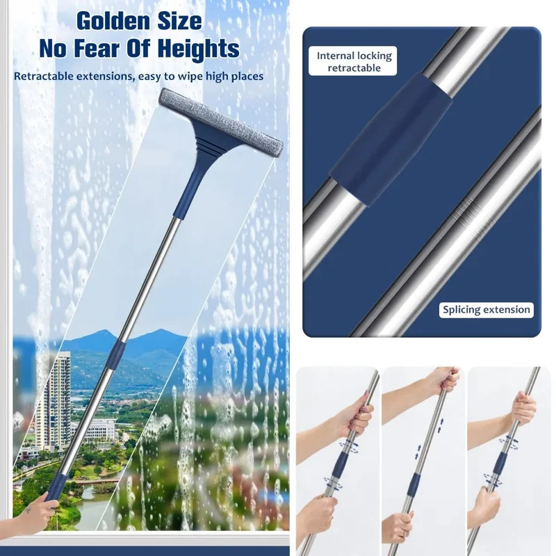 Window Squeegee with Microfiber Scrubber and Telescopic Stainless Steel Handle
