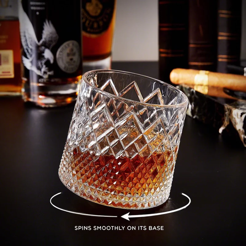 Spinning Whiskey Glass with Diamond Cut Pattern and Wooden Coaster Base