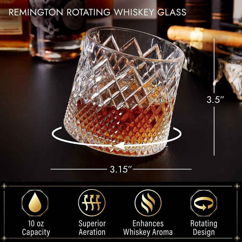 Spinning Whiskey Glass with Diamond Cut Pattern and Wooden Coaster Base