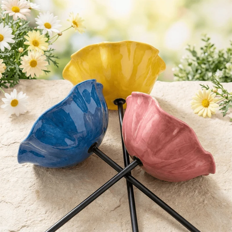 Bird Bath with Metal Ground Stake and Flower-Shaped Bowl for Garden Decor