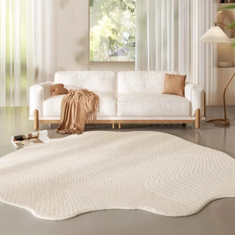 Area Rug with Irregular Shape and Textured Geometric Pattern in Plush Cream