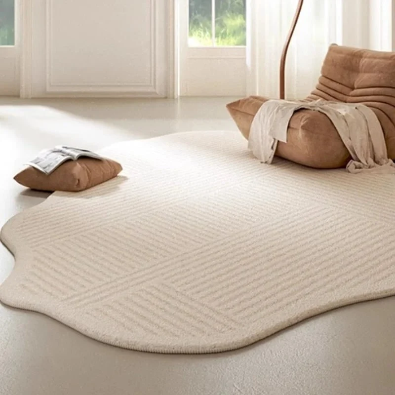 Area Rug with Irregular Shape and Textured Geometric Pattern in Plush Cream