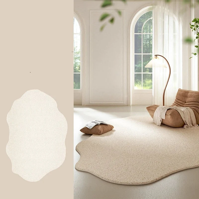 Area Rug with Irregular Shape and Textured Geometric Pattern in Plush Cream
