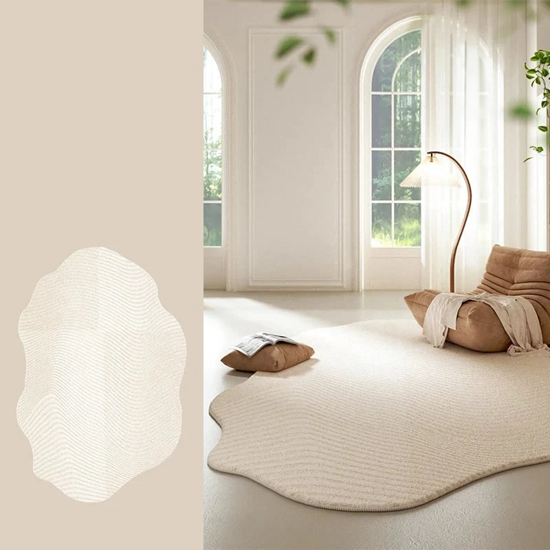Area Rug with Irregular Shape and Textured Geometric Pattern in Plush Cream