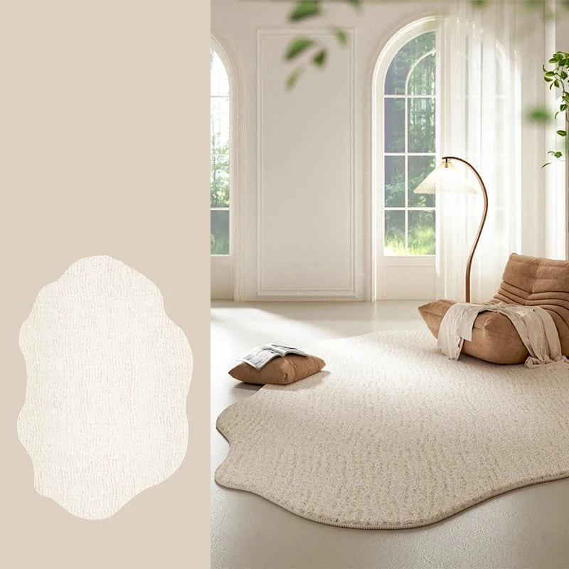 Area Rug with Irregular Shape and Textured Geometric Pattern in Plush Cream