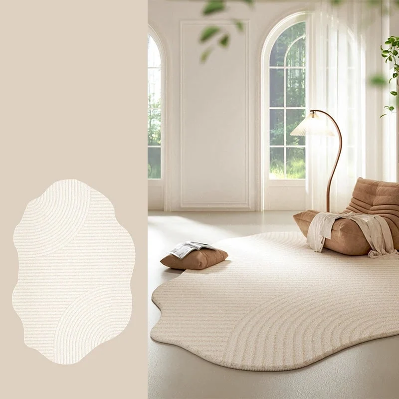 Area Rug with Irregular Shape and Textured Geometric Pattern in Plush Cream