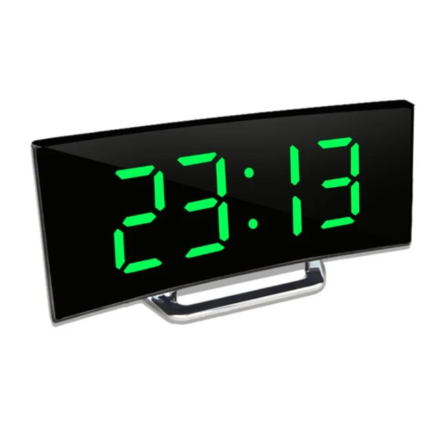 Digital Alarm Clock with Curved LED Mirror Display and Auto Dimming