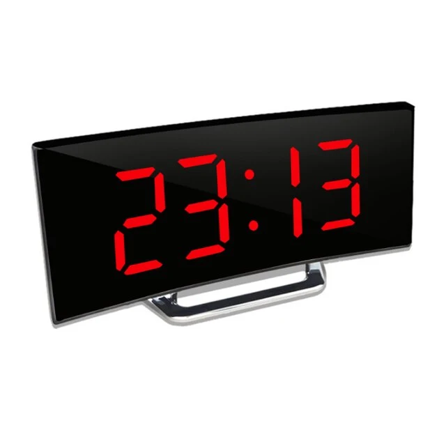 Digital Alarm Clock with Curved LED Mirror Display and Auto Dimming