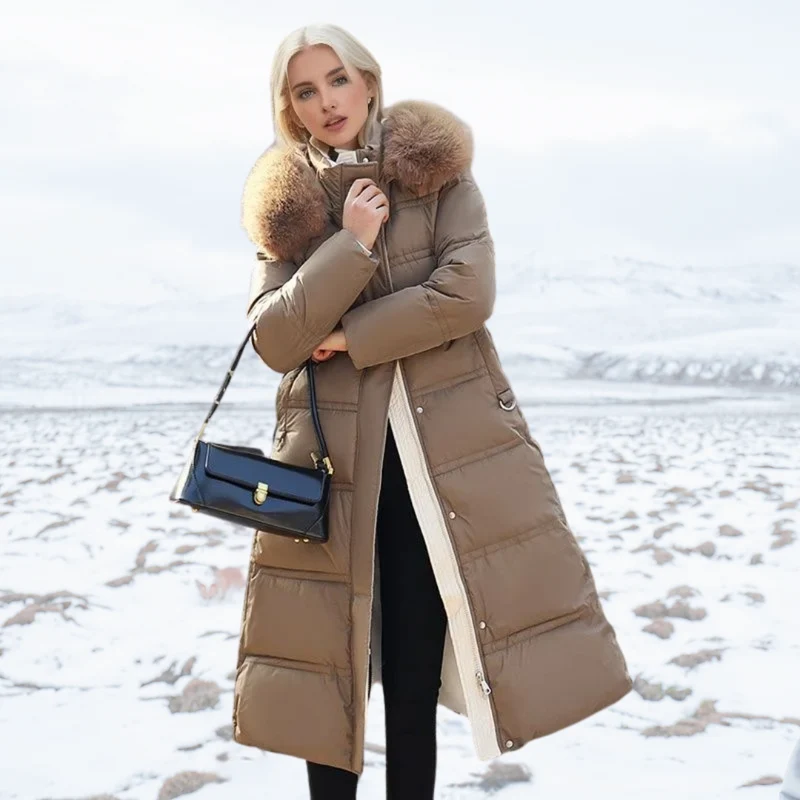 Long Black Puffer Coat with Faux Fur Hood and Quilted Design