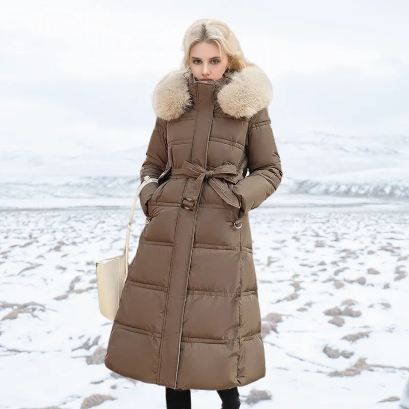 Long Black Puffer Coat with Faux Fur Hood and Quilted Design
