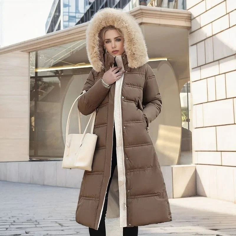 Long Black Puffer Coat with Faux Fur Hood and Quilted Design