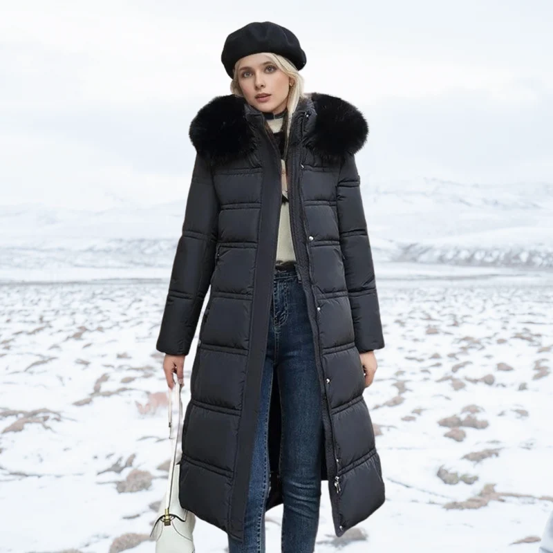 Long Black Puffer Coat with Faux Fur Hood and Quilted Design