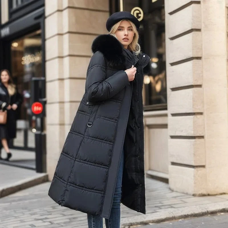 Long Black Puffer Coat with Faux Fur Hood and Quilted Design