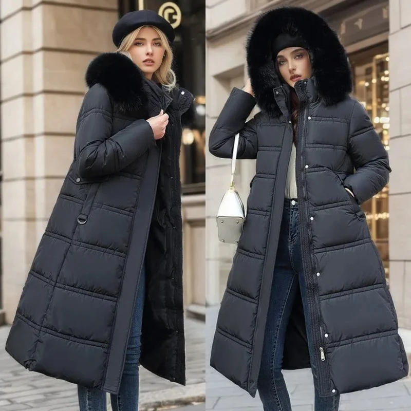 Long Black Puffer Coat with Faux Fur Hood and Quilted Design
