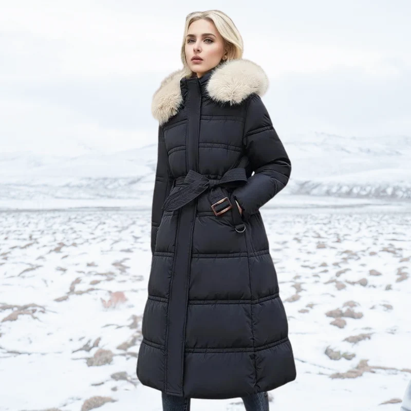 Long Black Puffer Coat with Faux Fur Hood and Quilted Design