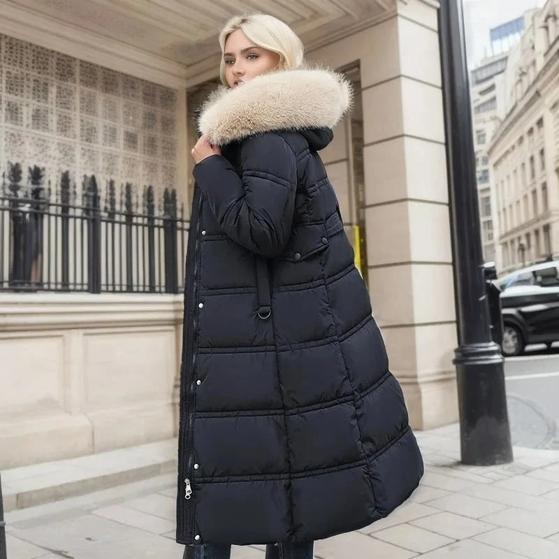 Long Black Puffer Coat with Faux Fur Hood and Quilted Design