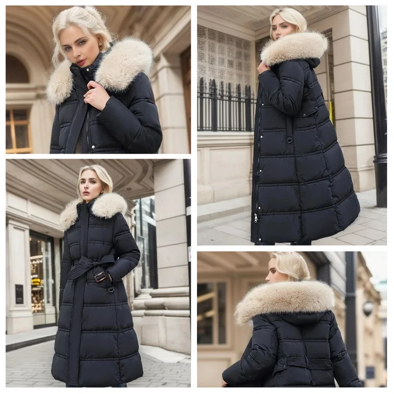Long Black Puffer Coat with Faux Fur Hood and Quilted Design