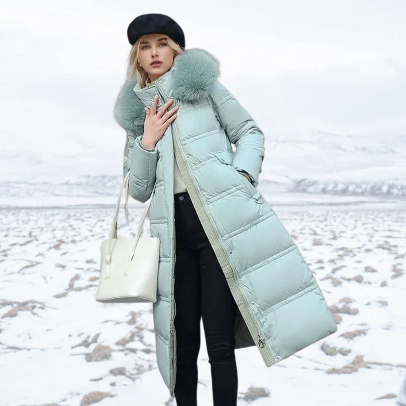 Long Black Puffer Coat with Faux Fur Hood and Quilted Design