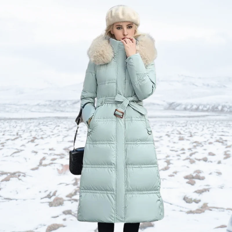 Long Black Puffer Coat with Faux Fur Hood and Quilted Design