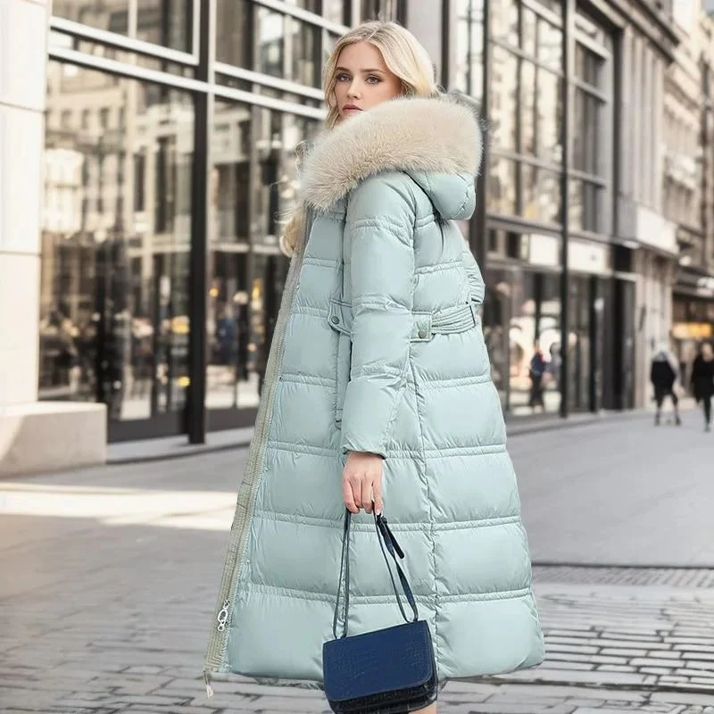 Long Black Puffer Coat with Faux Fur Hood and Quilted Design