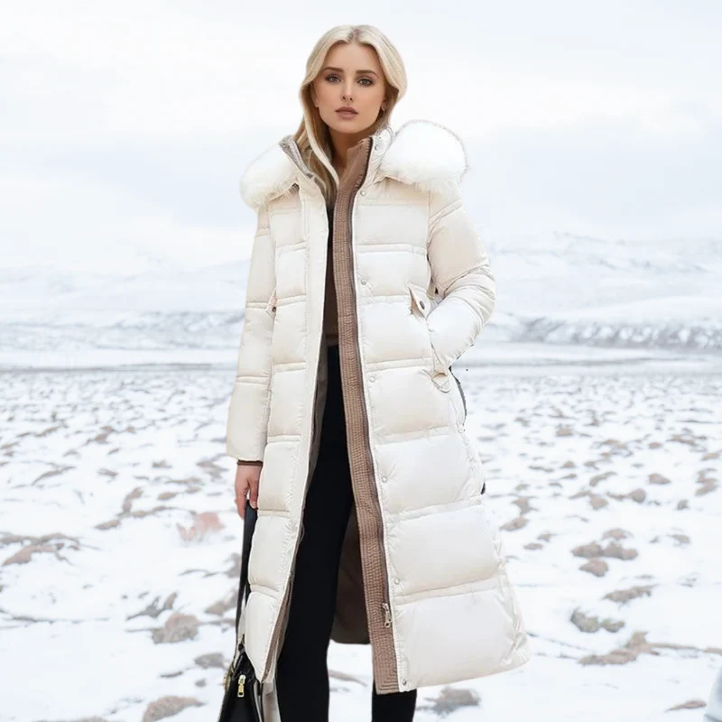 Long Black Puffer Coat with Faux Fur Hood and Quilted Design