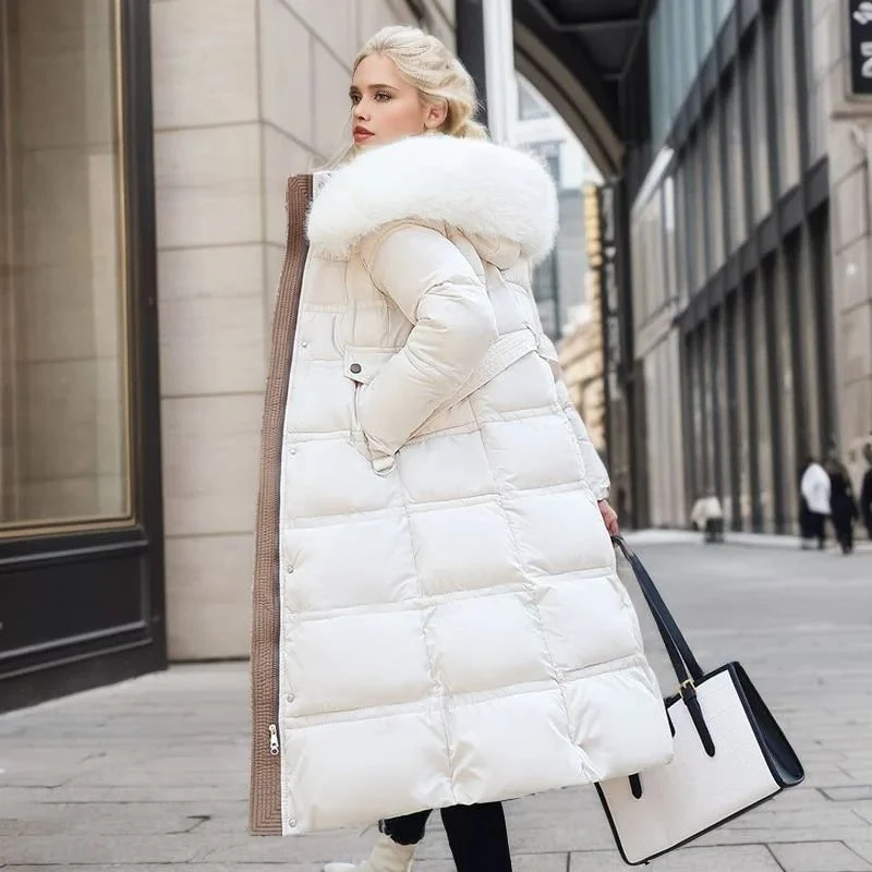 Long Black Puffer Coat with Faux Fur Hood and Quilted Design