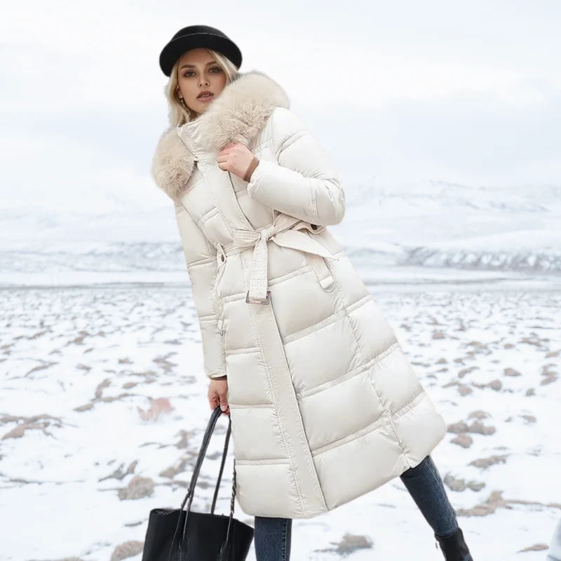 Long Black Puffer Coat with Faux Fur Hood and Quilted Design