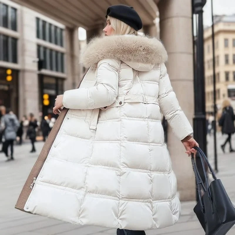 Long Black Puffer Coat with Faux Fur Hood and Quilted Design