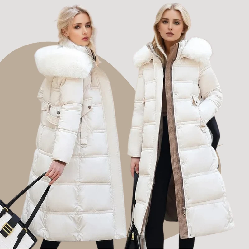 Long Black Puffer Coat with Faux Fur Hood and Quilted Design