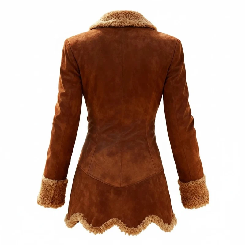 Women's Shearling Jacket with Faux Suede and Fur Trim Fitted Winter Coat