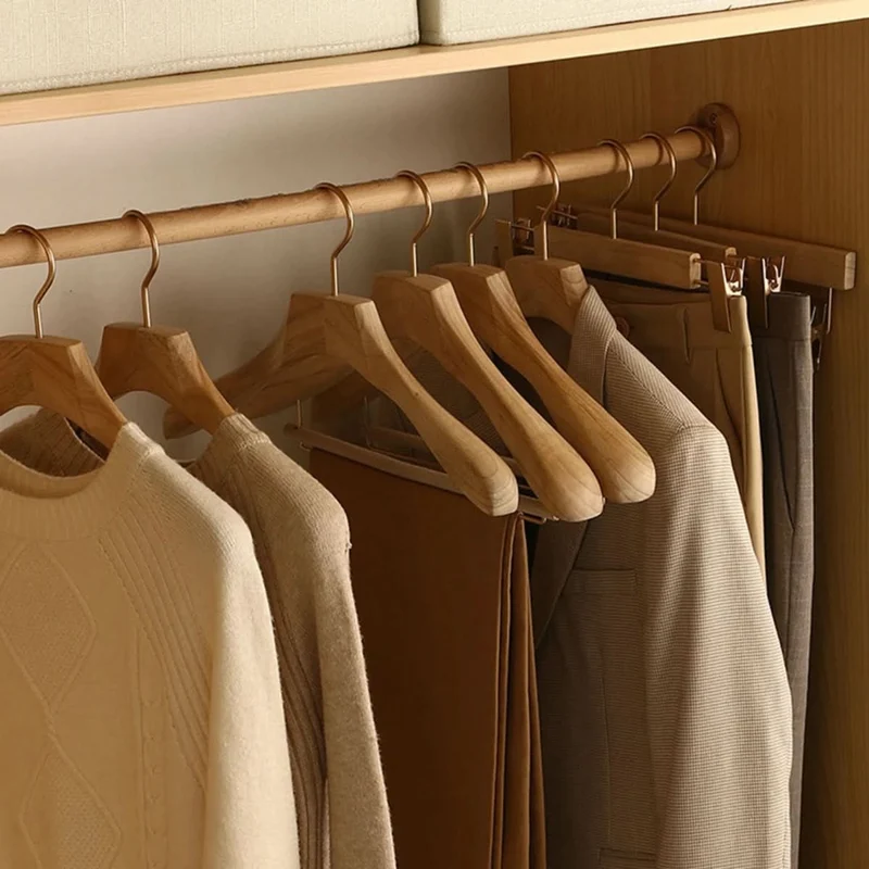 Wooden Clothes Hangers with Bar and Adjustable Clips for Suits and Coats