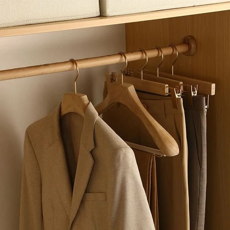 Wooden Clothes Hangers with Bar and Adjustable Clips for Suits and Coats